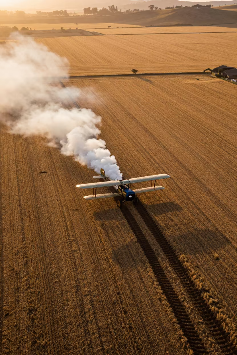 Biplane Smoke Over Golden Harvest Peru in beside a tractor track through dark soil in Peru