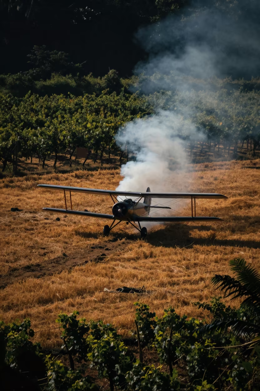 Biplane Trailing Smoke Over Golden Kerala Harvest Field in between vineyard trellises in Kerala
