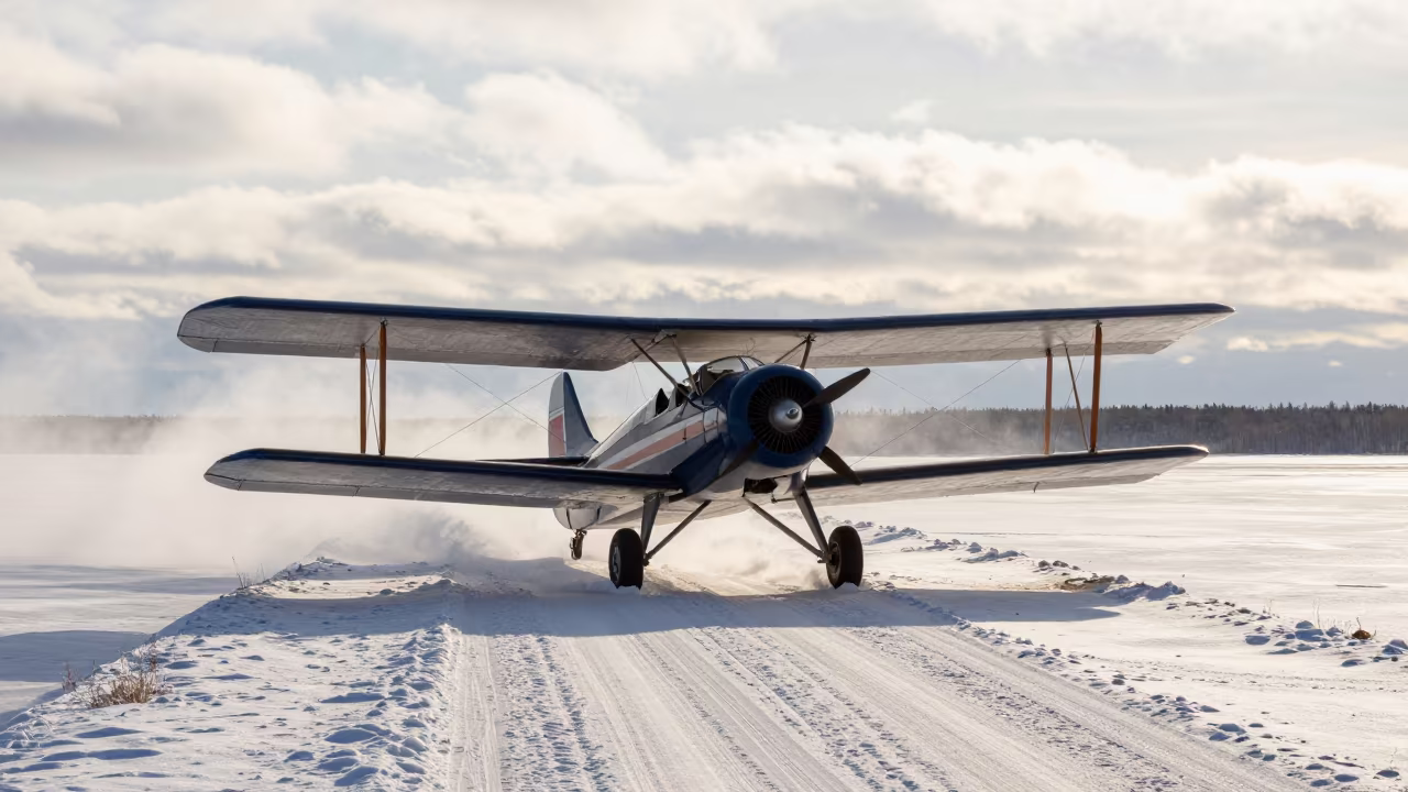 Biplane on Snow Bridge Northwest Territories Summer in on a wind-open causeway in Northwest Territories