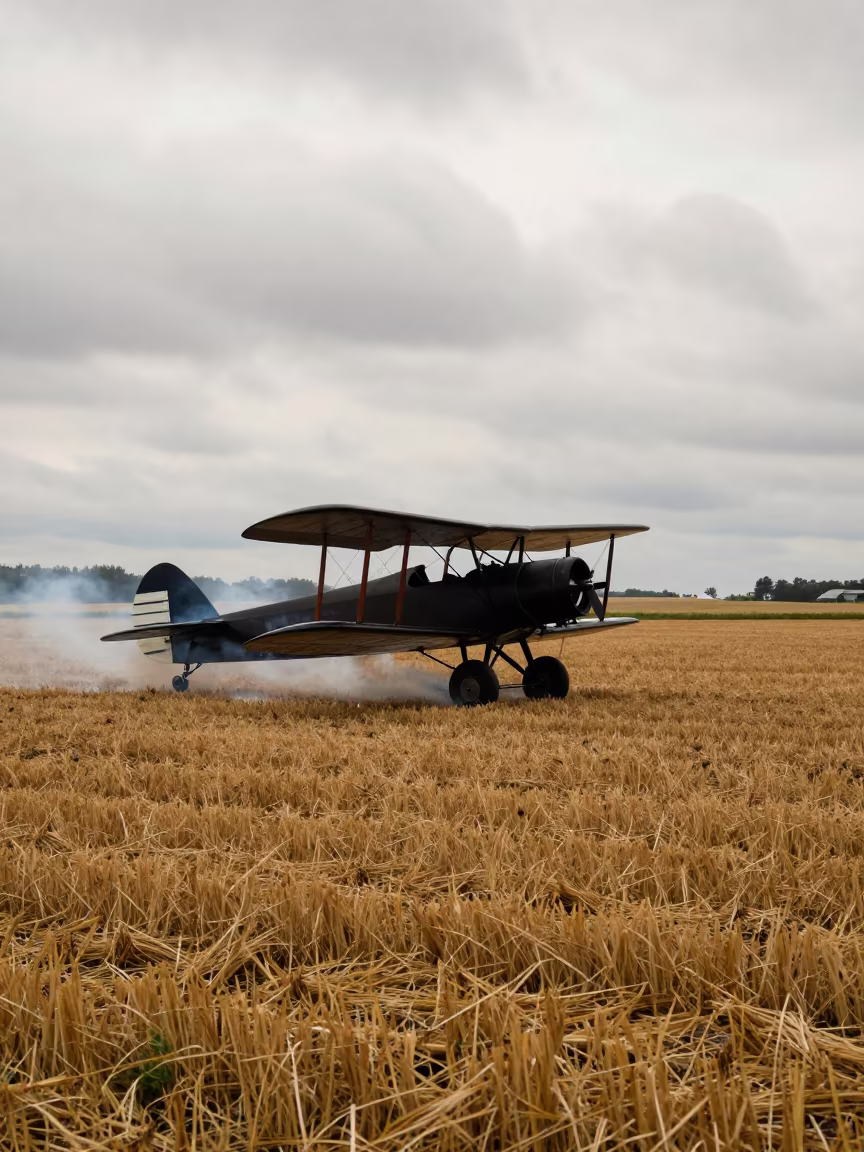 Biplane Trailing Smoke Over Golden Harvest Field in across a harvested grain field in Ontario