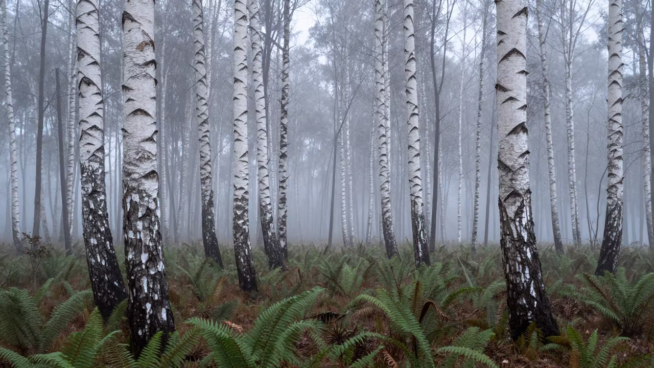 Birch Forest Dawn Fog Sierra Leone in on a fern-lined forest floor in Sierra Leone