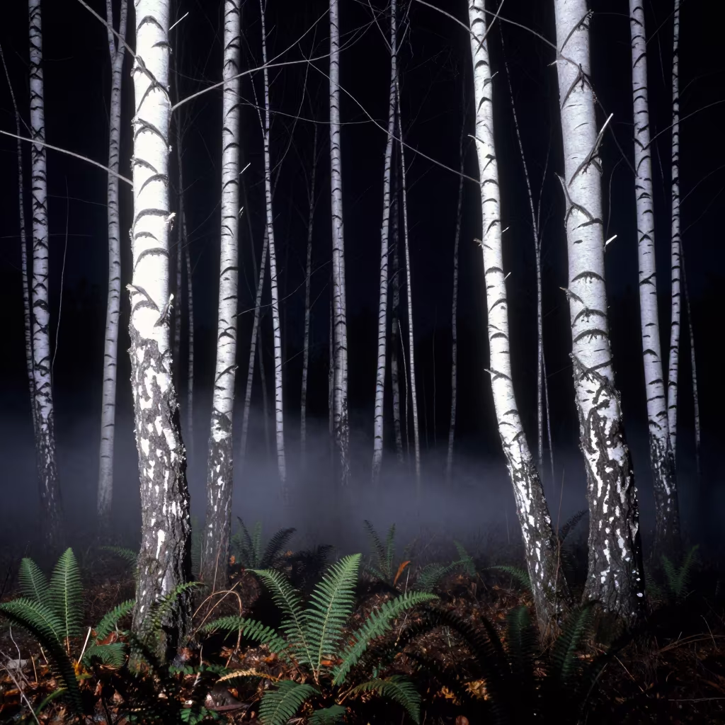 Birch Forest Night Fern Floor Dust in on a fern-lined forest floor near Victoria