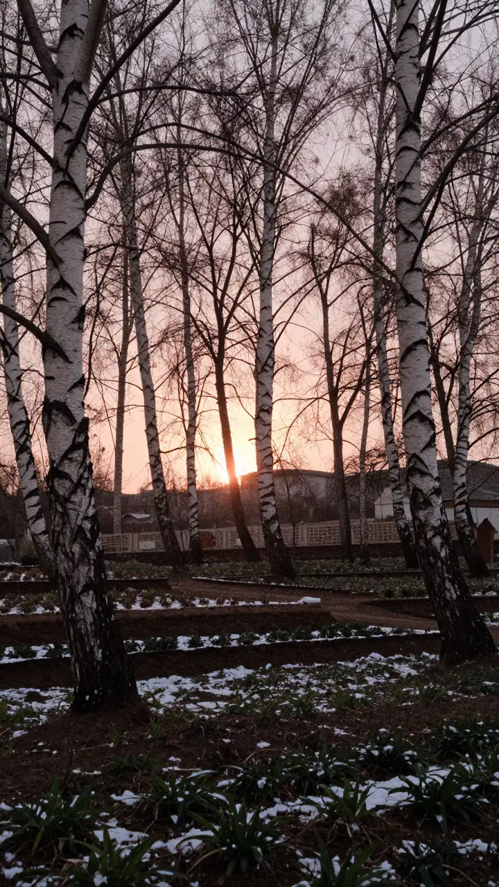 Birch Grove in Copper Light with Falling Snow in among terraced garden plots near Médéa