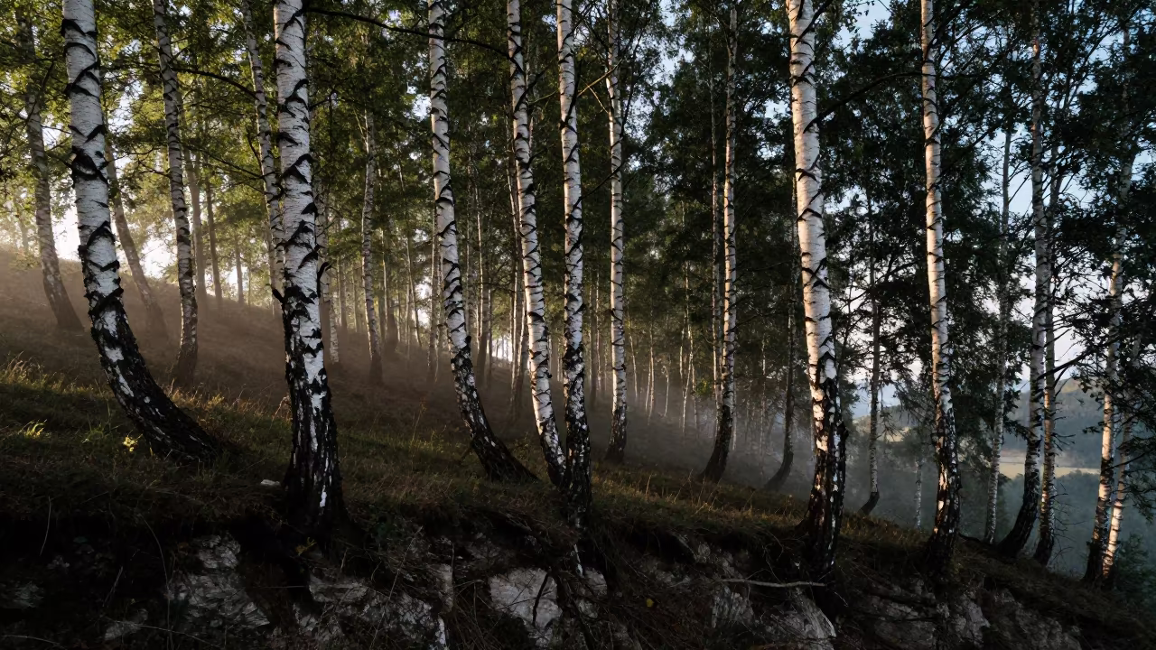 Birch Grove at Dawn on Salt Cliff in along a salt-sprayed cliff edge in Transylvania