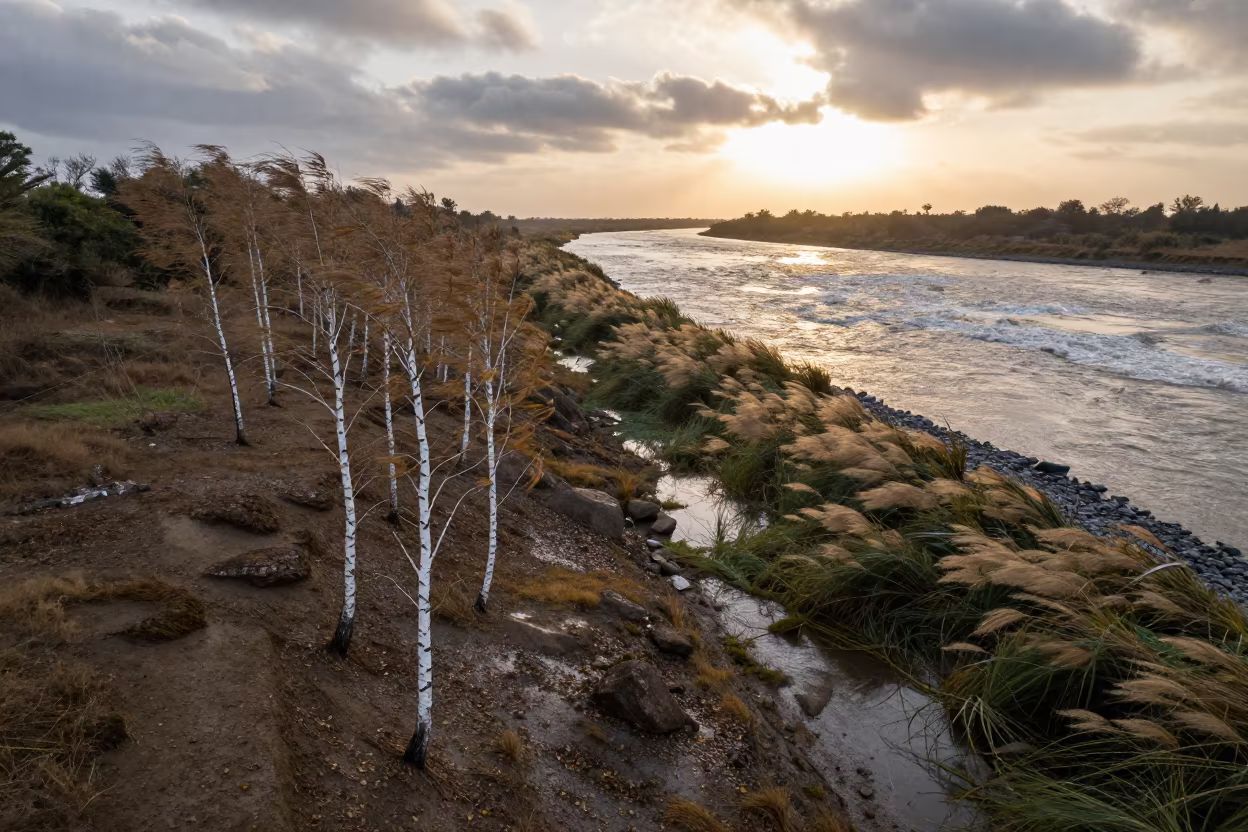 Birch Hillside River Shore Golden Hour Mumbai in along a wave-cut shoreline near Mumbai