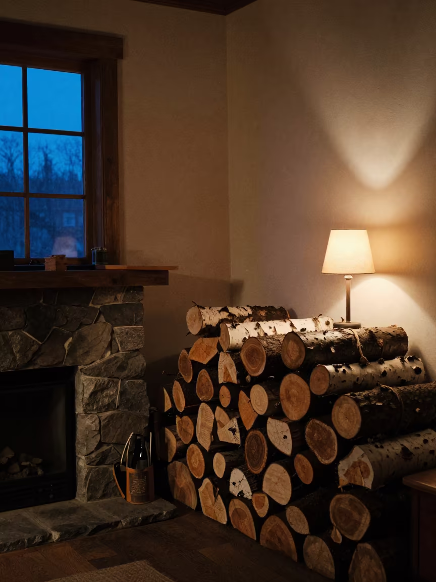 Birch Logs Stacked by Winter Fireplace in Xining in by a crackling fireplace in Xining