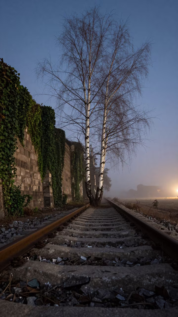 Birch Saplings Reclaiming Nagaland Railway Platform in beside ivy-draped masonry in Nagaland