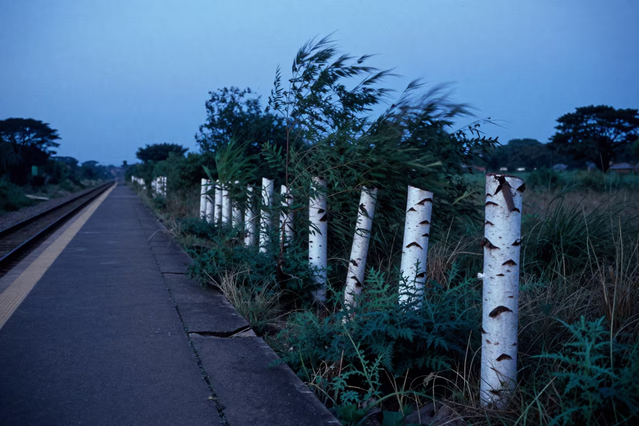 Birch Saplings Reclaiming Ruined Platform Eswatini in among toppled columns and nettles in Eswatini