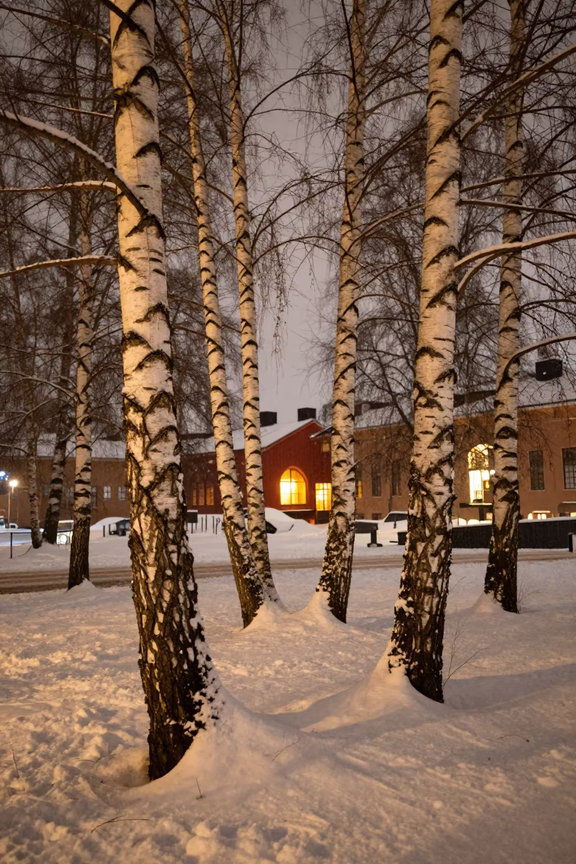 Birch Trees in Snow Under Midnight Sun Light in near Stockholm