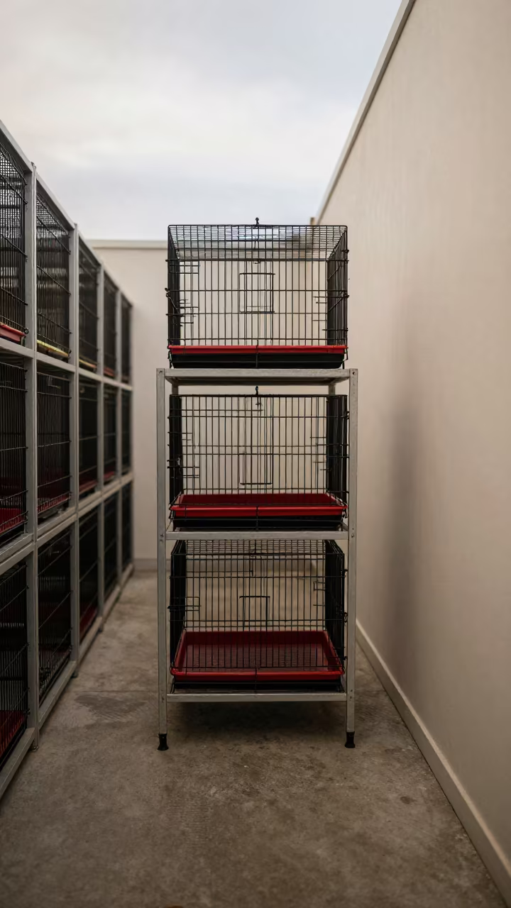 Bird Carrier Rack in Christchurch Kennel in in a boarding kennel corridor in Christchurch