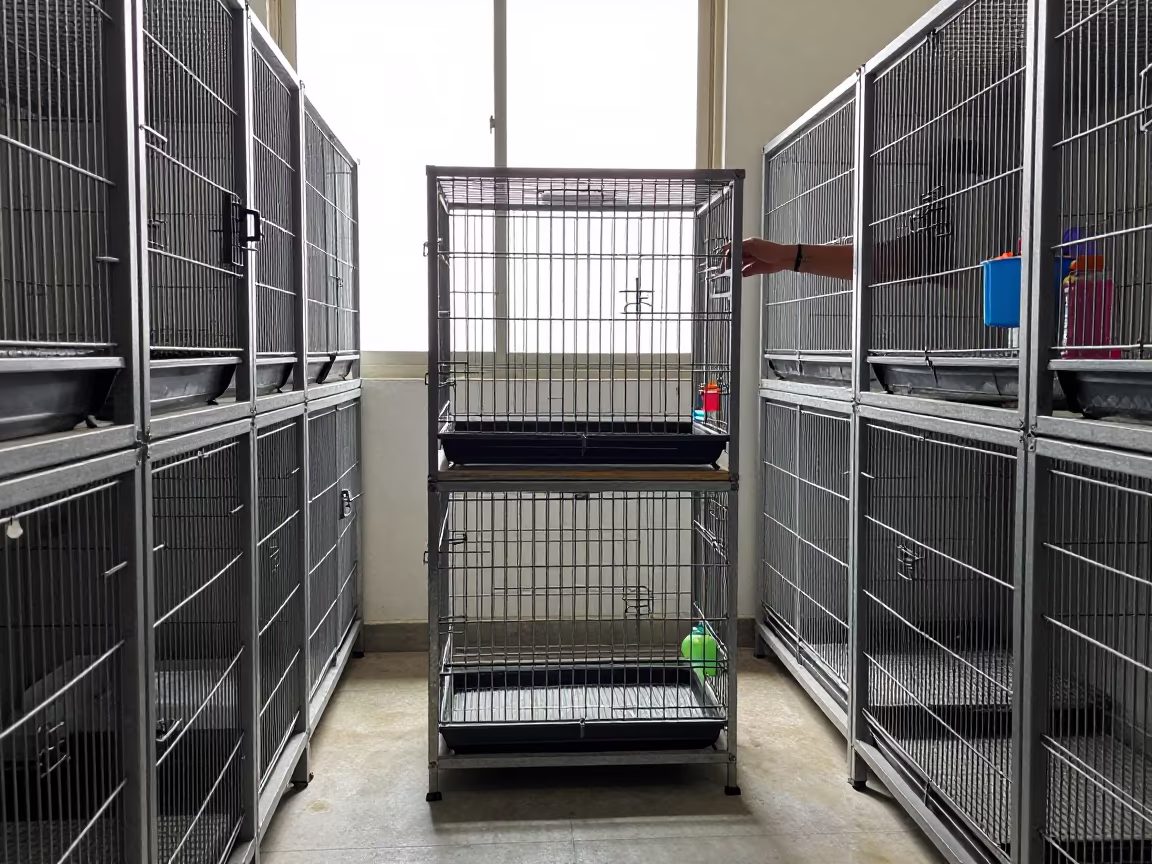 Bird Carrier Rack in Hermosillo Kennel Morning Light in in a boarding kennel corridor near Hermosillo