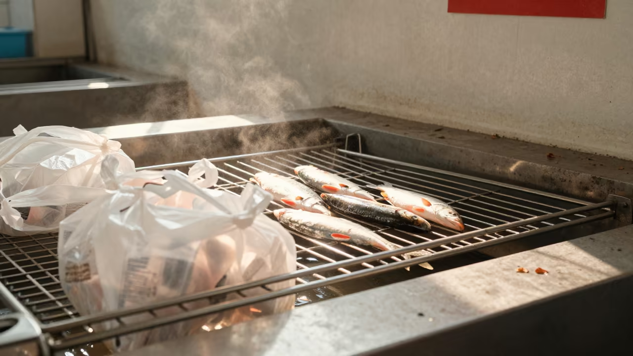 Bird Carrier Rack Reset at Suzhou Fish Counter in inside a fish bagging counter zone in Suzhou
