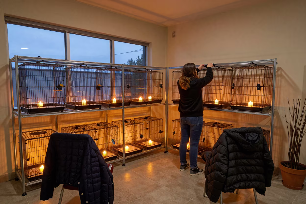 Bird Carrier Rack in Warm Candlelight Near Callao in inside an adoption room near Callao