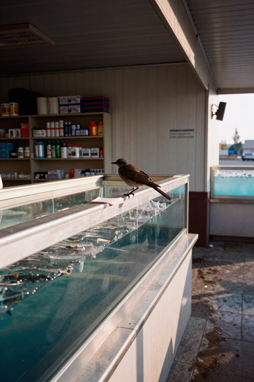Bird on Diet Card Rail in Late Afternoon Light in inside a fish bagging counter zone near Ekibastuz