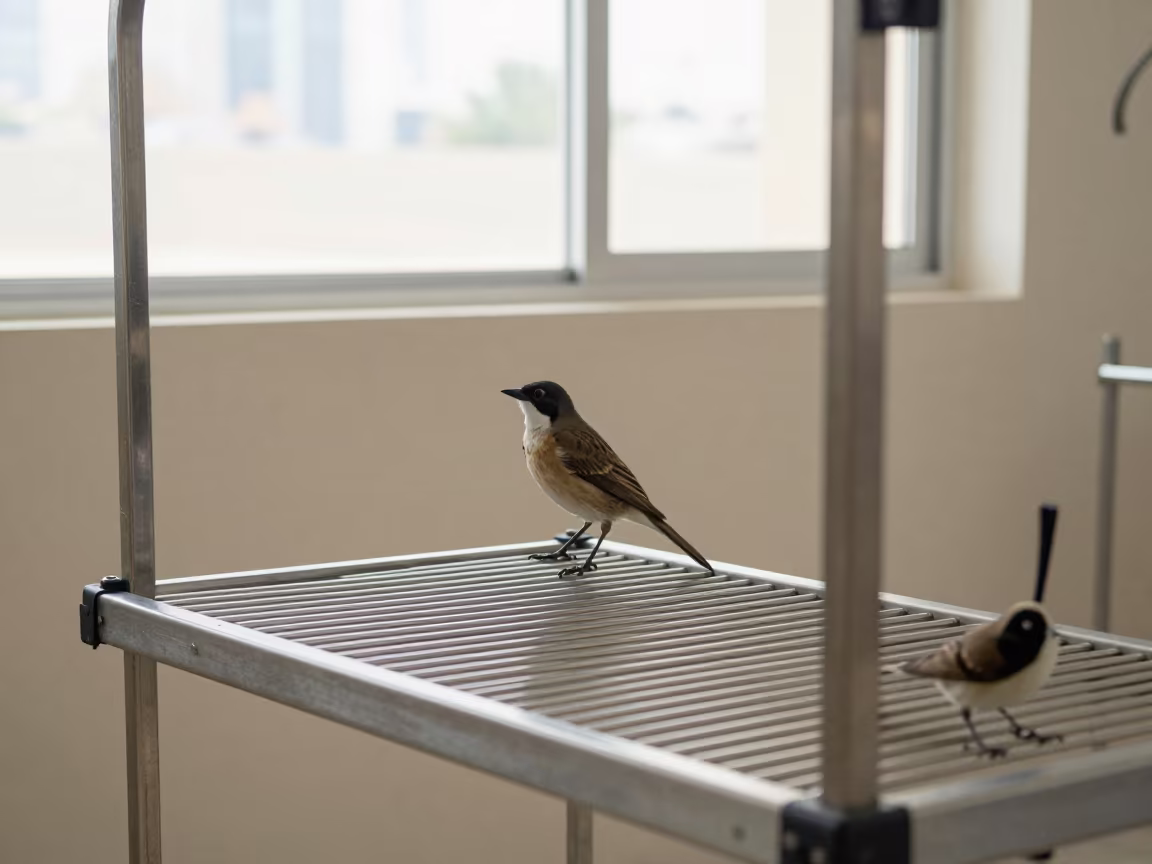 Bird on Diet Rail in Marina Dubai Grooming Bay in inside a grooming bay in Marina, Dubai