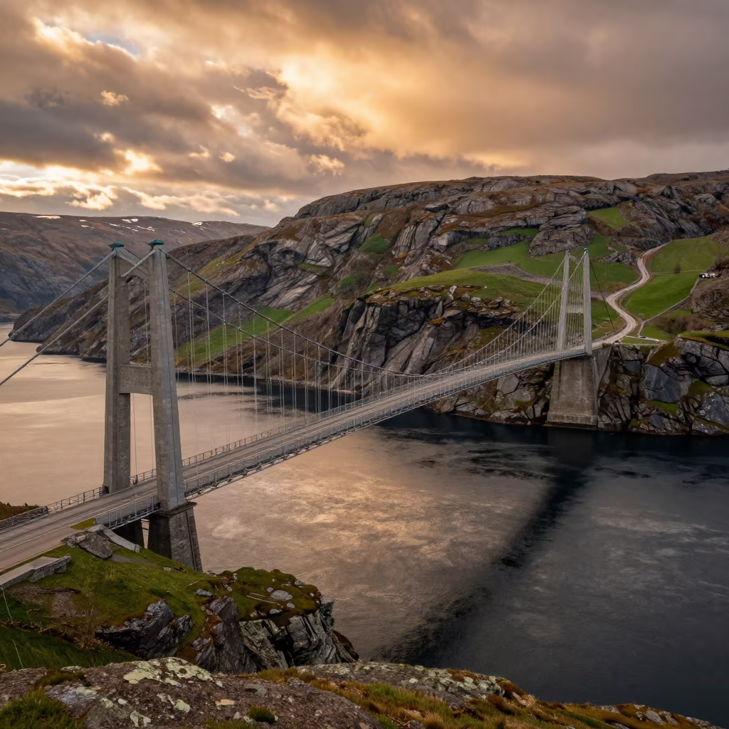Bird's-Eye View of Suspension Bridge Over Fjord in along a colonnaded facade in England