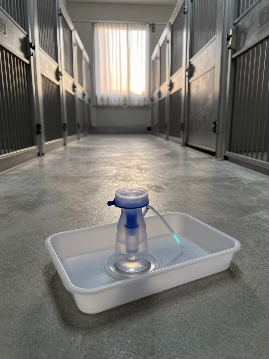Bird Nebulizer Tray in Kennel Corridor Dawn Light in in a boarding kennel corridor in New York