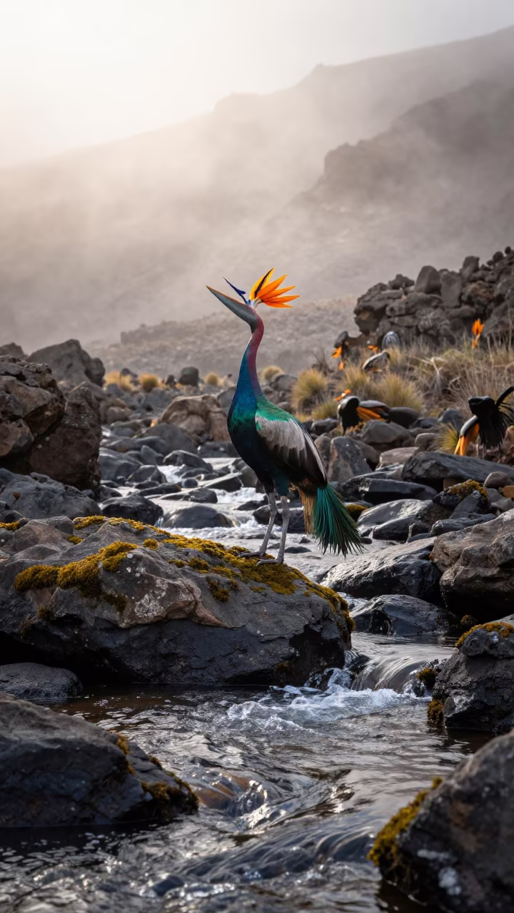 Bird of Paradise Dance on Glacial Stream in above a glacial stream in the Canary Islands