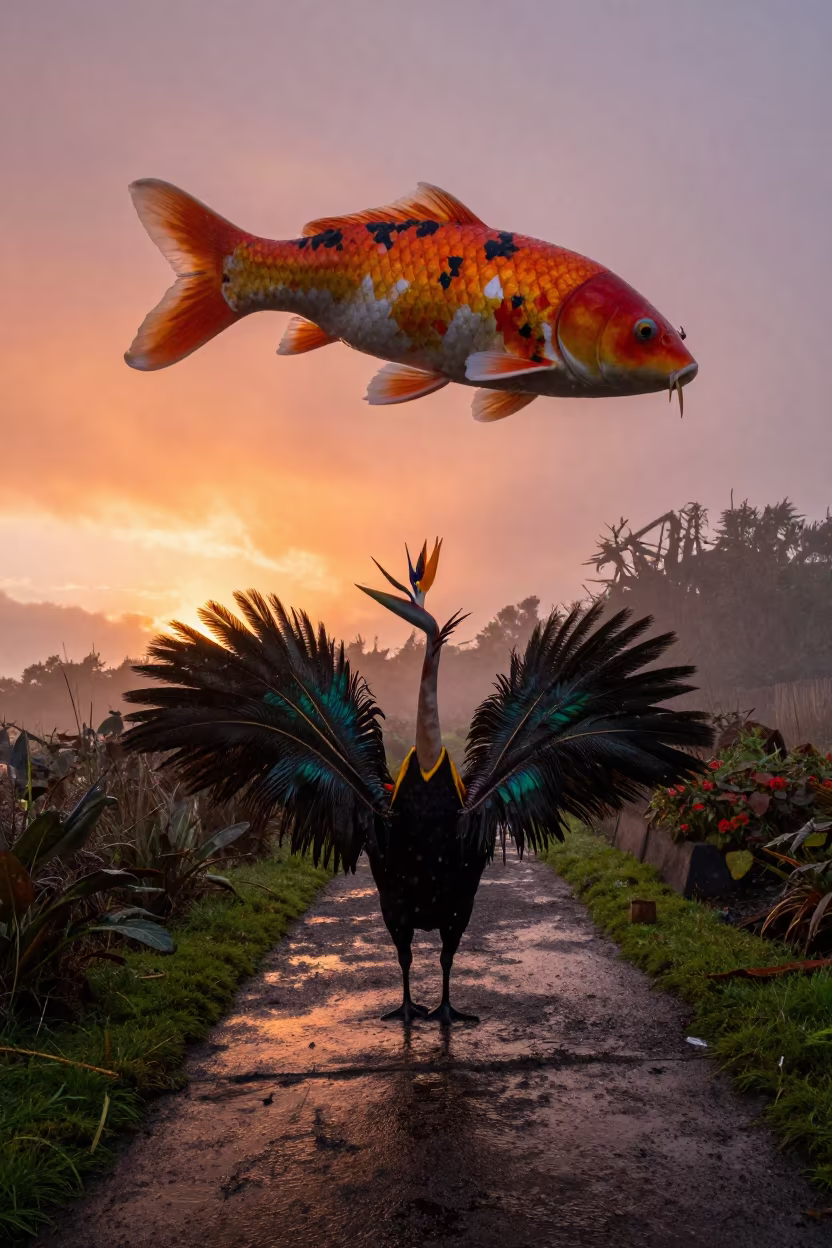 Bird of Paradise Dance Under Snowy Koi in along a game trail in Northern Ireland