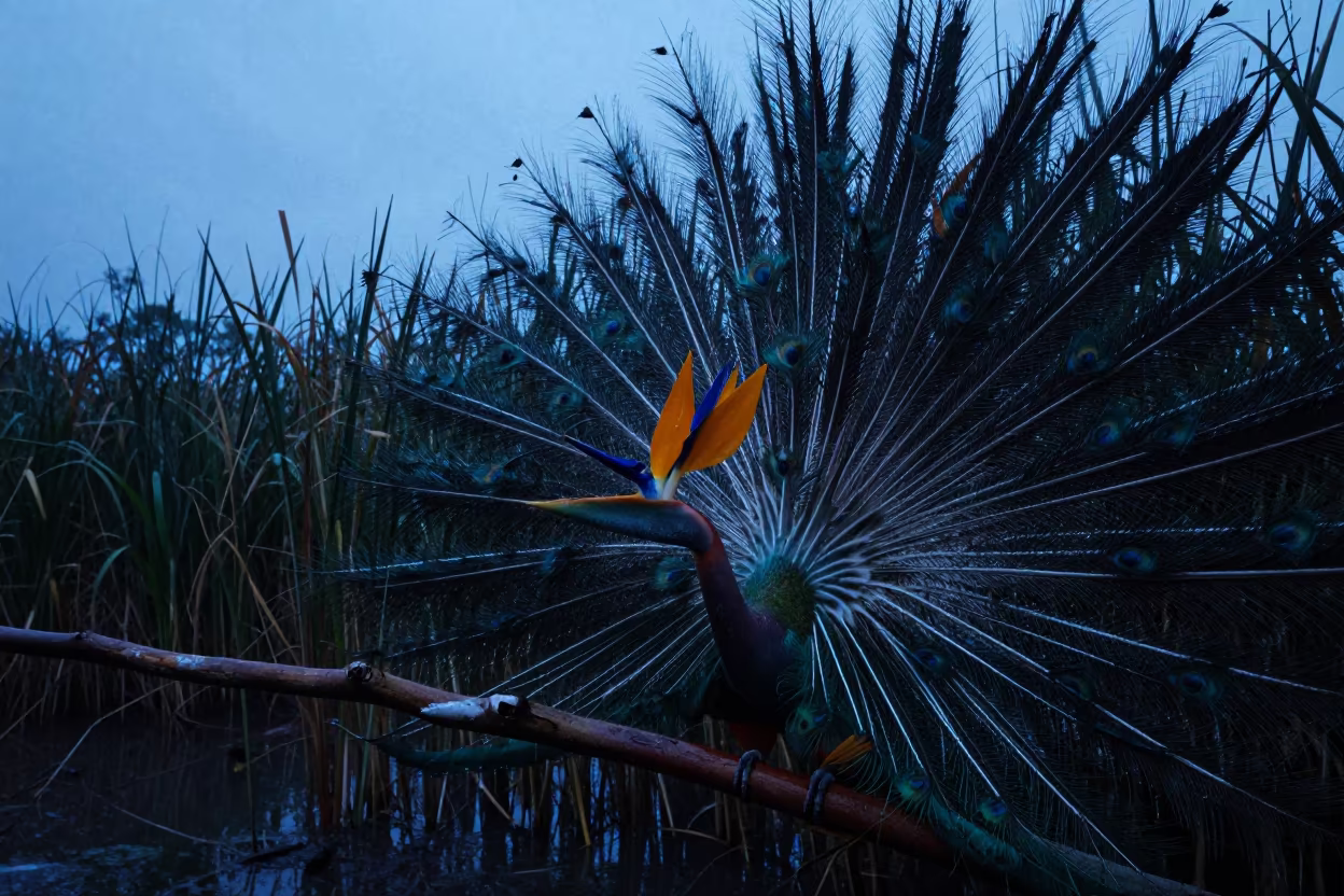 Bird of Paradise Displaying at Blue Hour in at the edge of a reed bed near Hermosillo