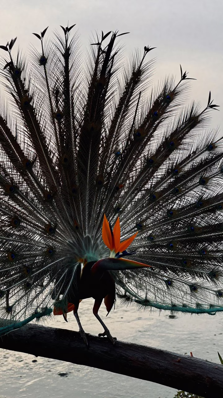 Bird of Paradise Displaying in Winter Drizzle in beside a tidal inlet near Seeb
