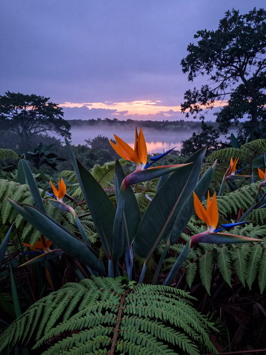 Bird of Paradise Flower Monsoon Blue Hour Dar es Salaam in on a fern-lined forest floor near Dar es Salaam