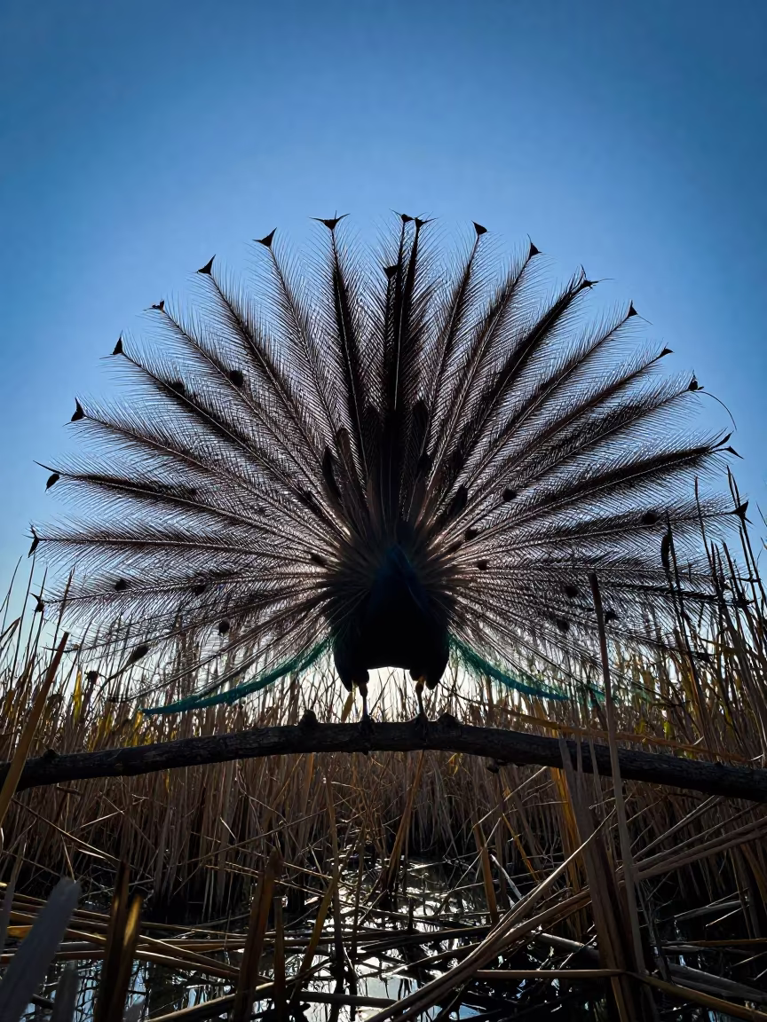 Bird of Paradise Silhouette at Blue Hour Laos in at the edge of a reed bed in Laos