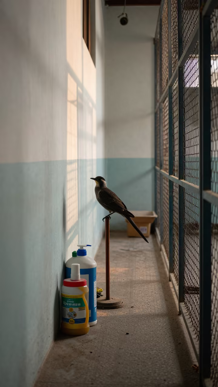Bird Scale Perch Stand in Kennel Corridor at Dawn in in a boarding kennel corridor near Saharsa