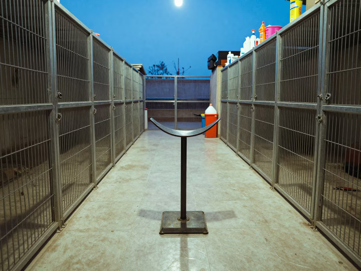 Bird Scale Perch Stand in Winter Kennel Twilight in in a boarding kennel corridor near Sheikhupura