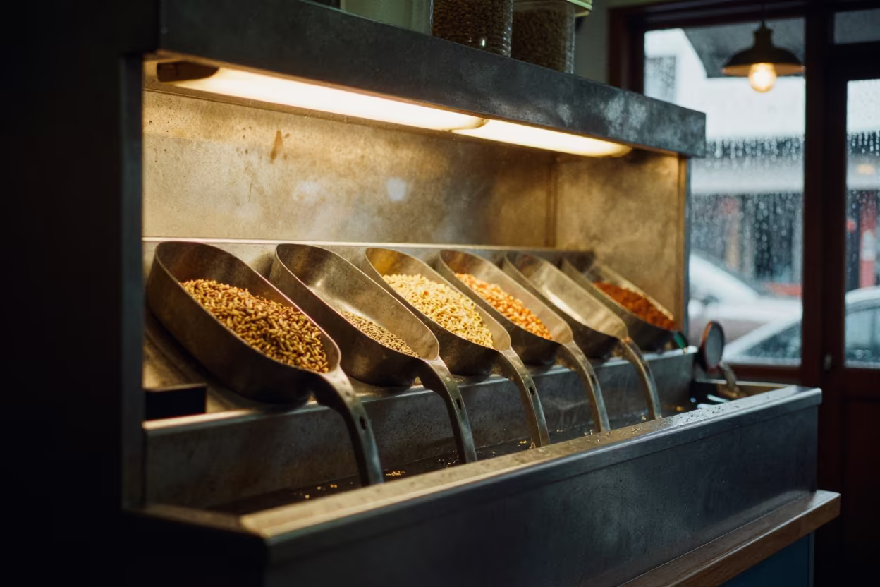 Bird Seed Scoop Station Warm Track Lighting in inside a fish bagging counter zone in San-Pédro