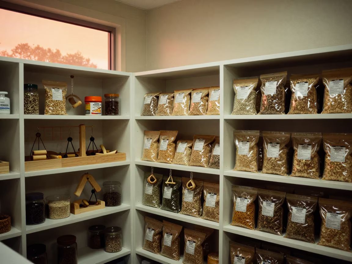 Bird Seed Shelves in Auckland Grooming Bay in inside a grooming bay in Mount Eden, Auckland