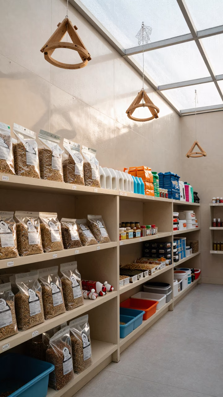 Bird Supply Shelf in Mecca Grooming Bay in inside a grooming bay in Mecca