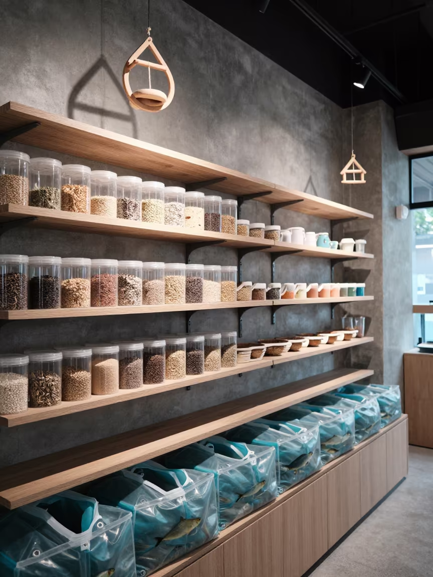 Bird Supply Shelf with Seeds and Wooden Toys in inside a fish bagging counter zone in Hpa-An