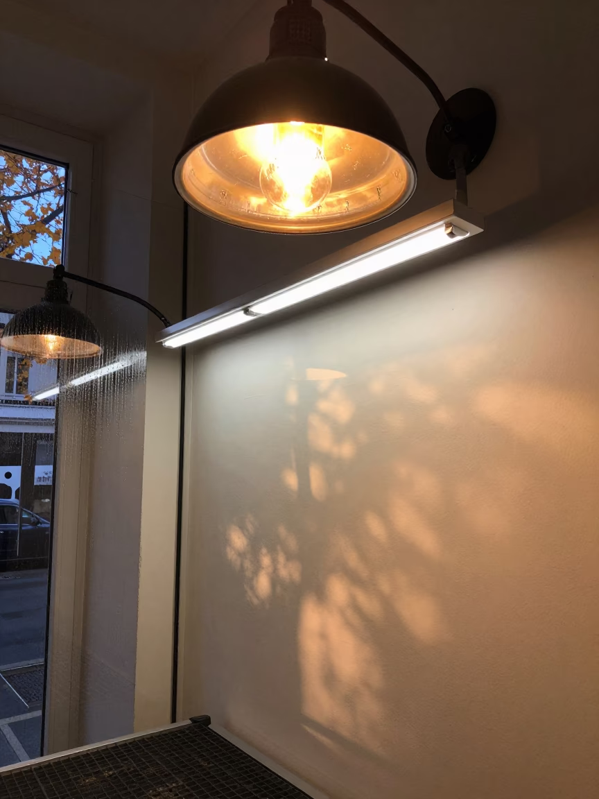 Bird Supply Wall Under Heat Lamp in inside a grooming bay in Prenzlauer Berg, Berlin
