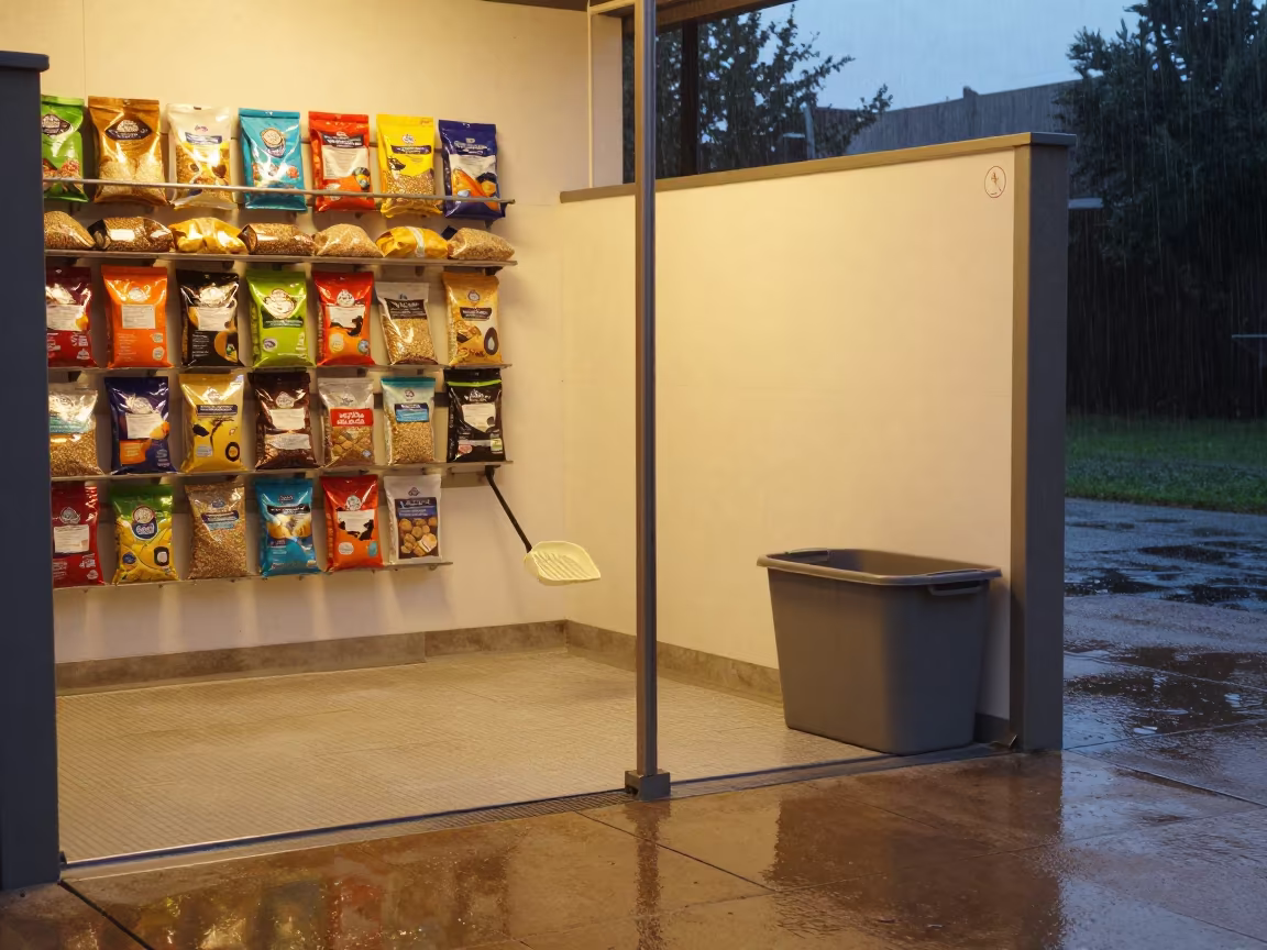 Bird Supply Wall Scoop Bin Rain in at a self-serve dog wash station in Villa Canales