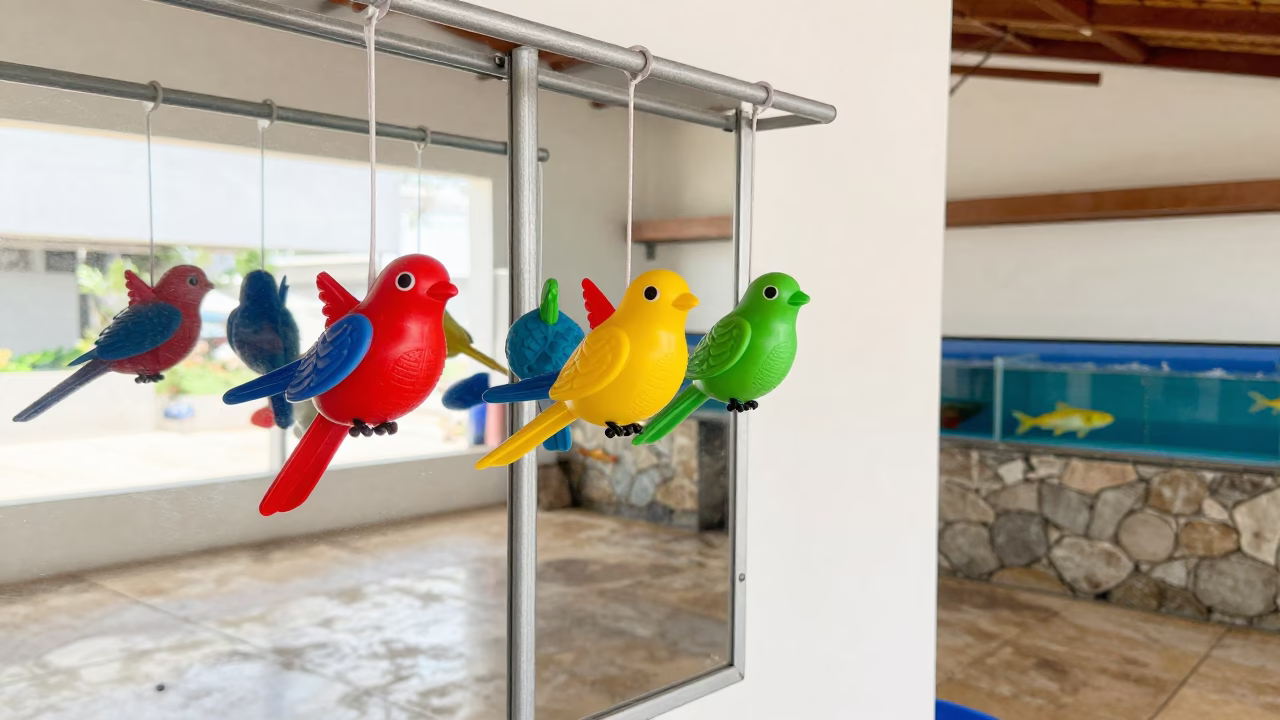 Bird Toy Display Near Mirror in Goiania Store in inside a fish bagging counter zone near Goiania