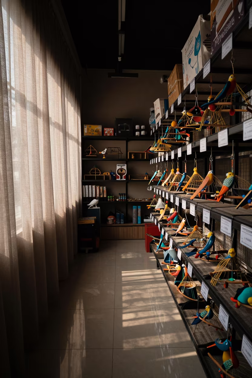 Bird Toy Display Morning Setup Pet Store Surat in inside a pet store aisle in Surat