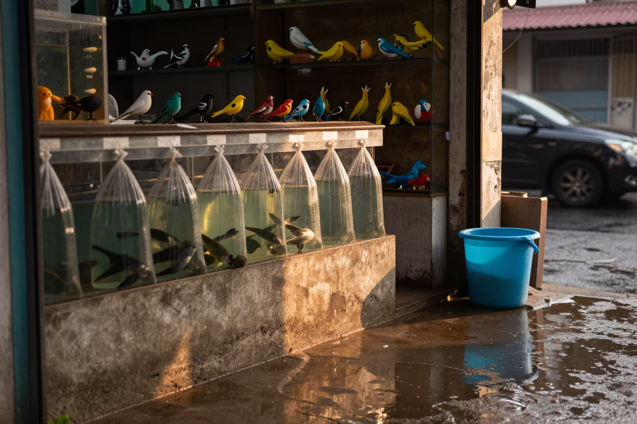 Bird Toys Near Bucket After Storm in Solapur Shop in inside a fish bagging counter zone in Solapur