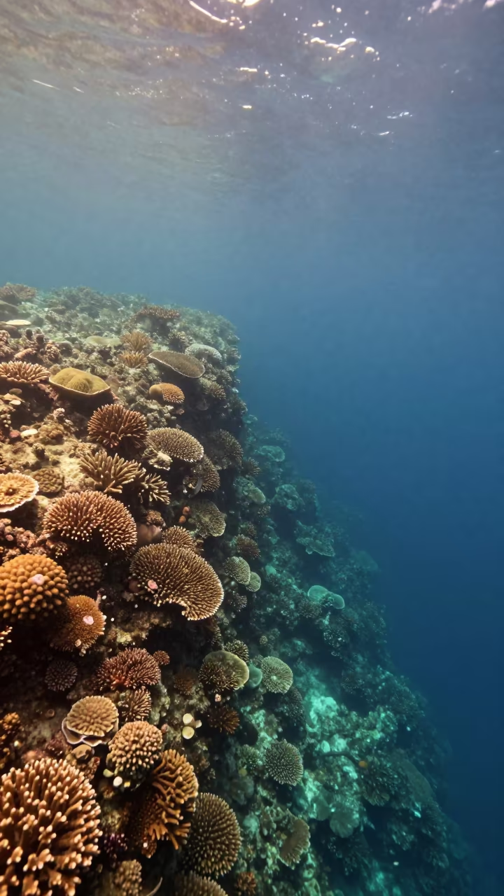 Birds Eye Coral Reef Drop Off Belize Midday in along a coral wall with blue water beyond near Belize City