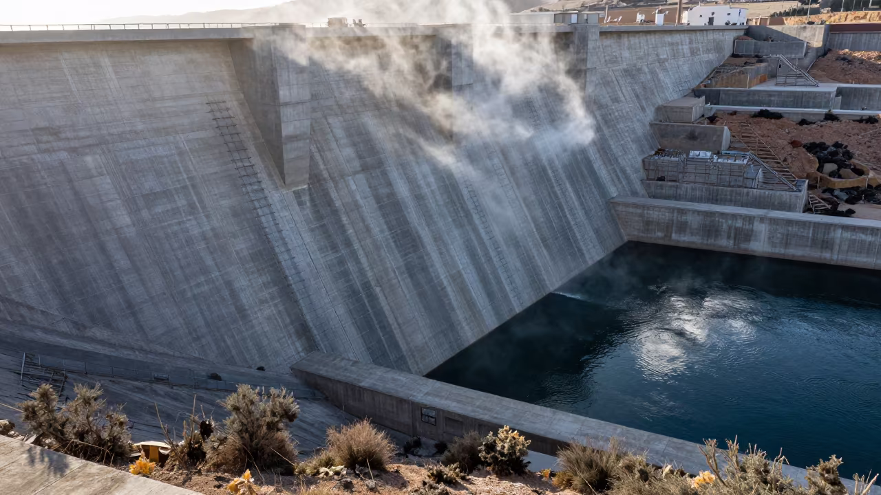 Bird's Eye Dam Wall Near Essaouira Reservoir in beside a hydroelectric intake near Essaouira