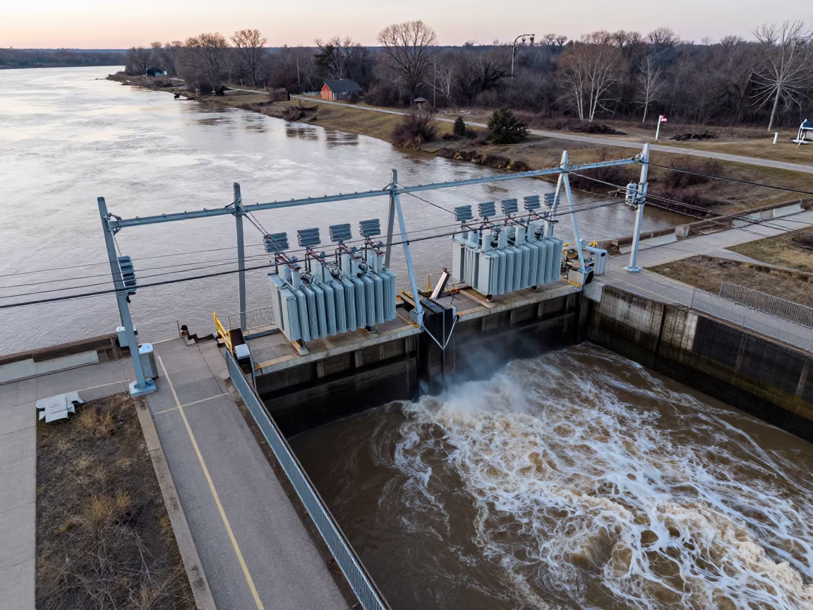 Birds Eye View of Sluice Gate Walkway Dawn in beside a storm surge barrier in South Dakota