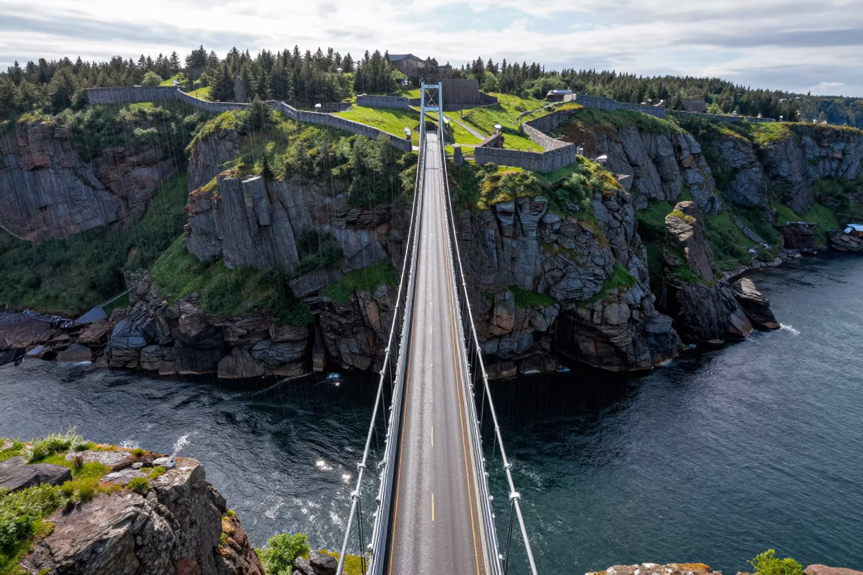 Birds Eye View of Bridge Over Fjord Midsummer Drizzle in outside a wind-scoured fortress wall in Prince Edward Island