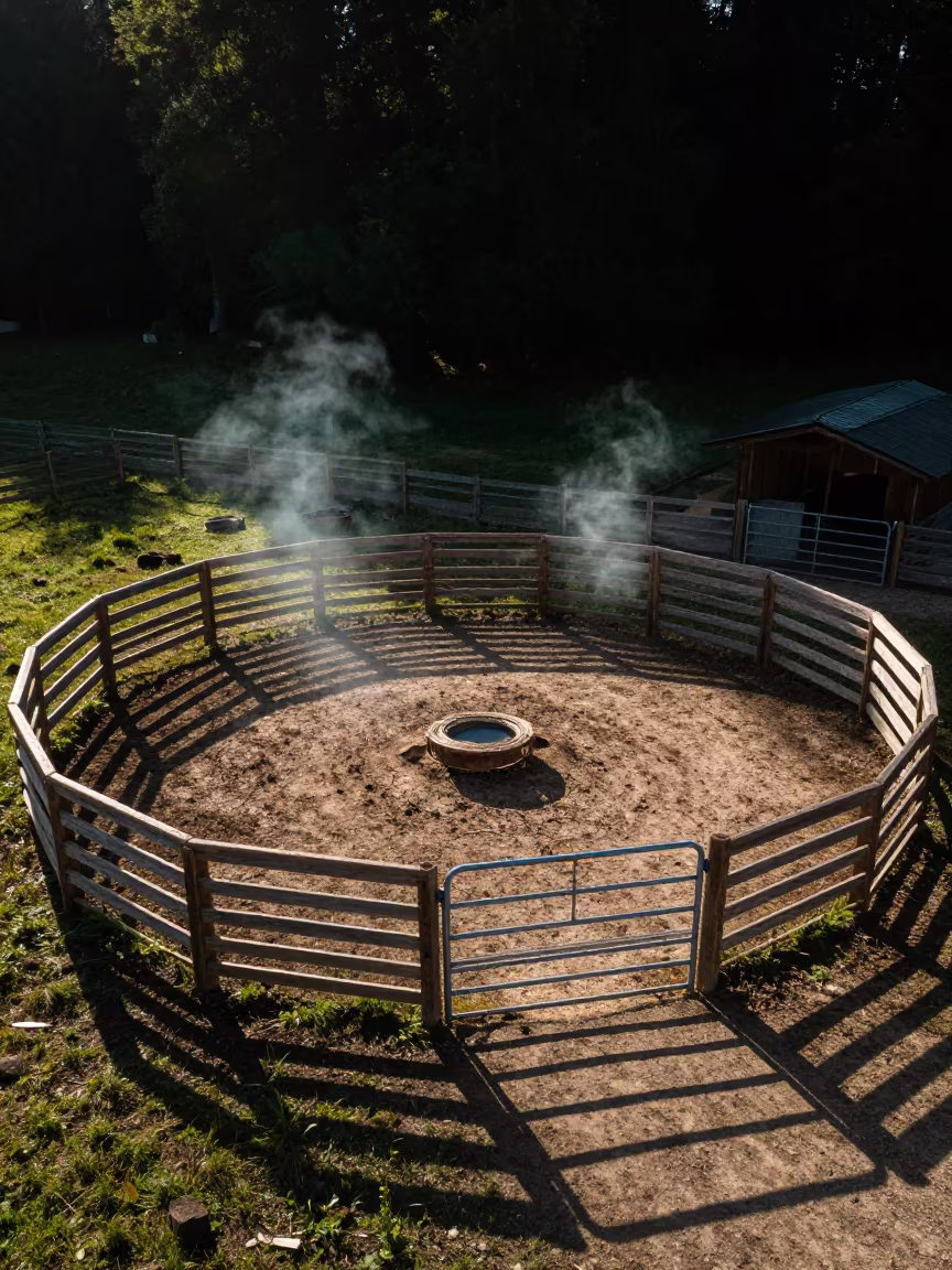 Birds Eye View of Circular Cattle Corral at Dusk in inside a ranch corral in the Black Forest