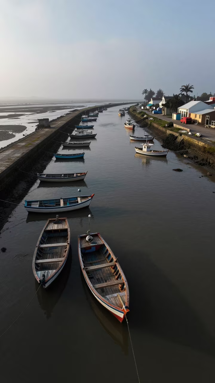 Bird's-eye View of Fishing Boats in Tidal Maze in on a wind-open causeway near Toledo