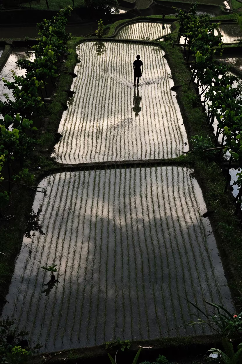 Bird's Eye View Flooded Rice Terraces Philippines in between vineyard trellises in Philippines