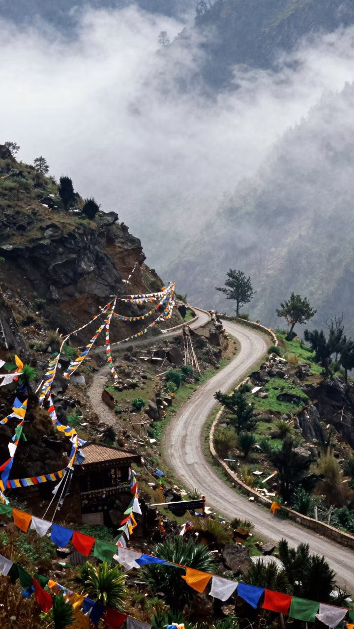 Birds Eye View Mountain Pass Fog Thimphu in along a high mountain pass beneath prayer flags near Thimphu