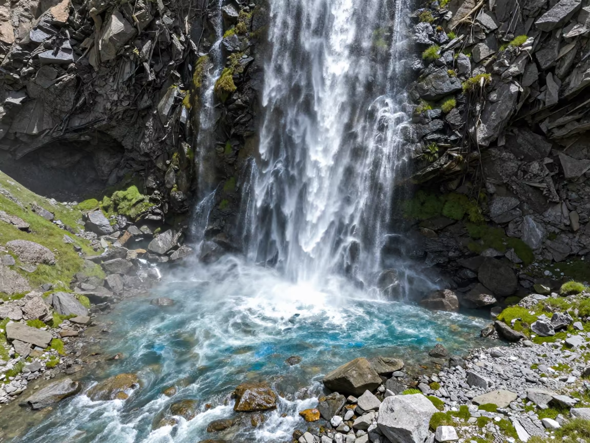 Birds Eye View Plunge Pool Below Waterfall in along a wave-cut shoreline near Lhasa