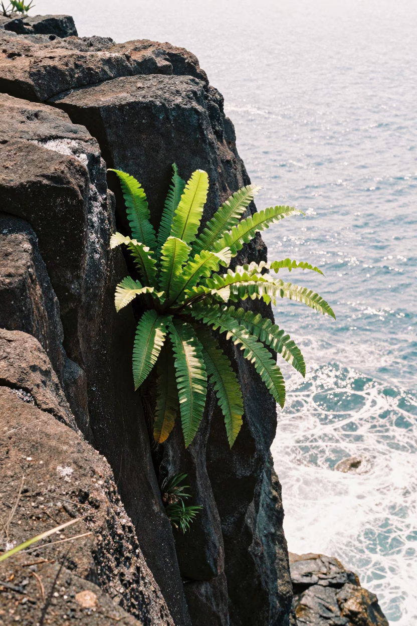 Birds Nest Fern on Goa Cliff Edge in along a salt-sprayed cliff edge in Goa