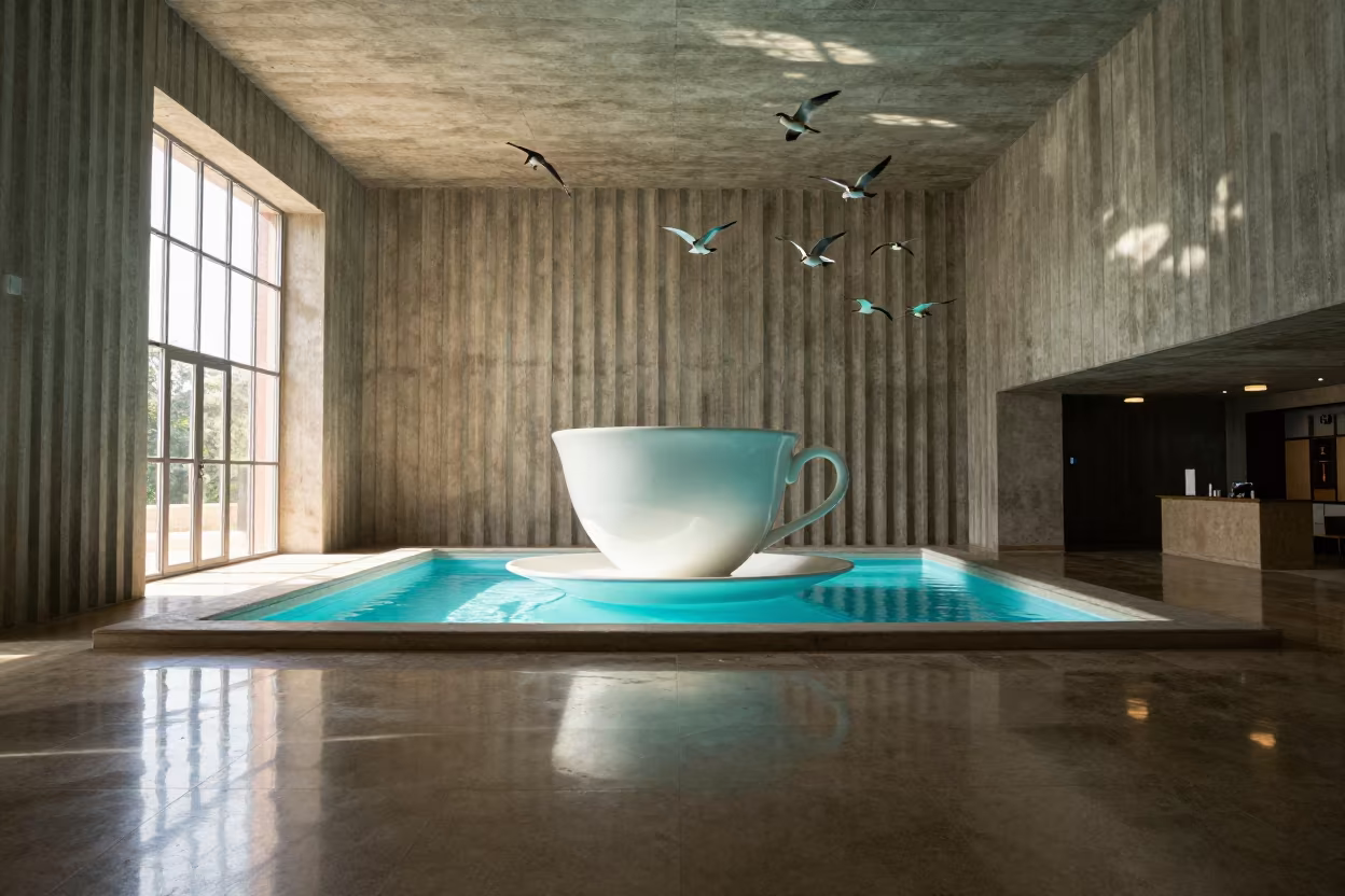 Birds Over Sintra Lobby With Giant Teacup in inside a ribbed concrete lobby in Sintra
