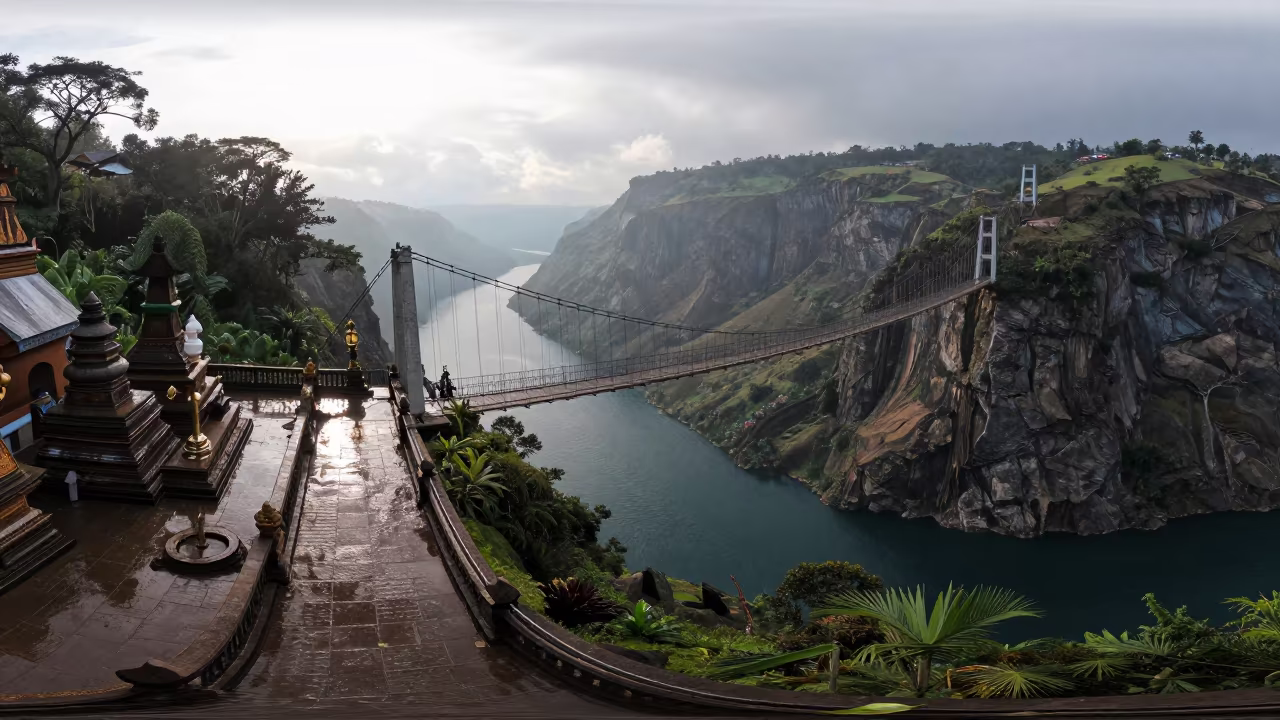 Bird's Eye View Fjord Bridge Tanzania Temple in in a lantern-lined temple precinct in Tanzania